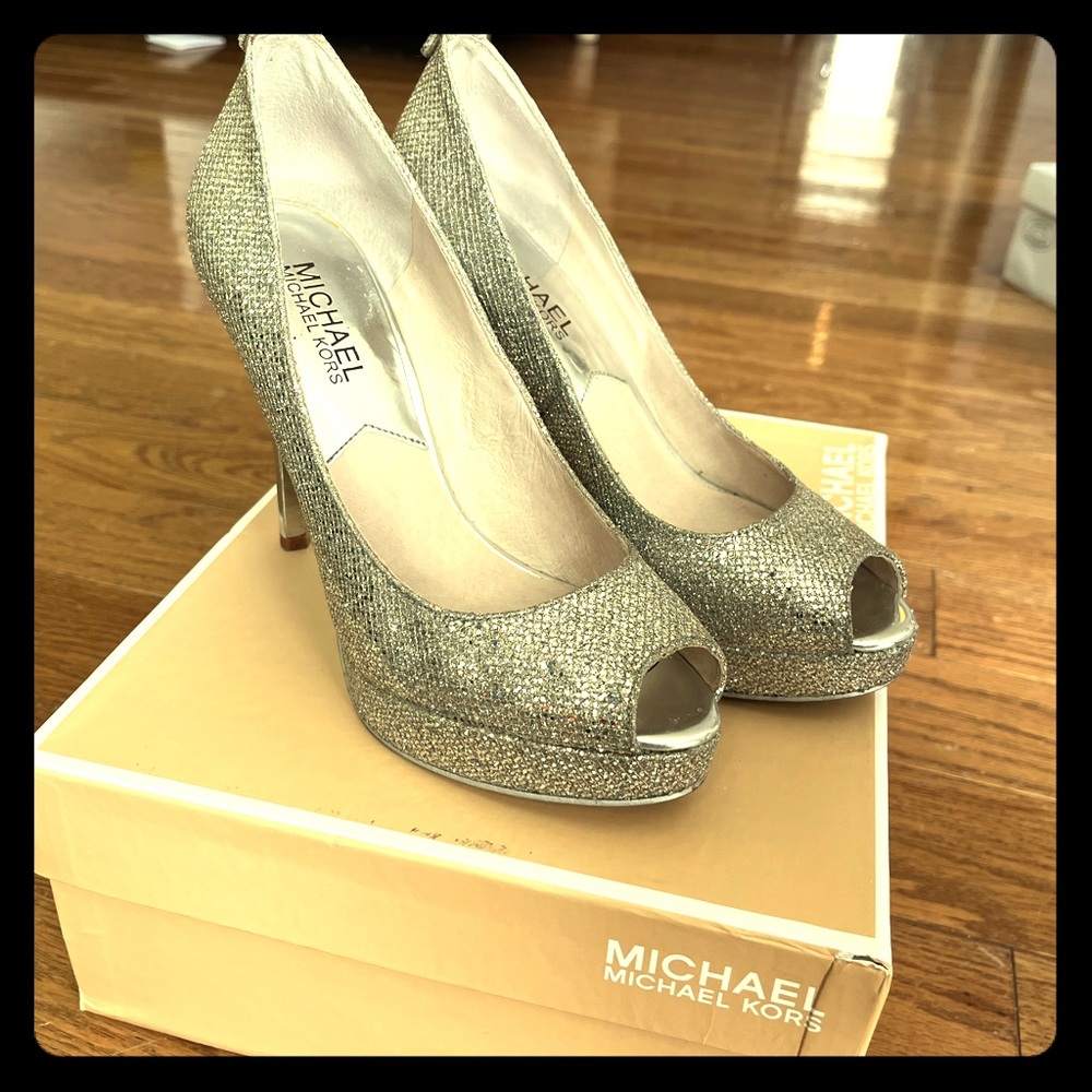 Silver Michael Kors open toe platform pumps